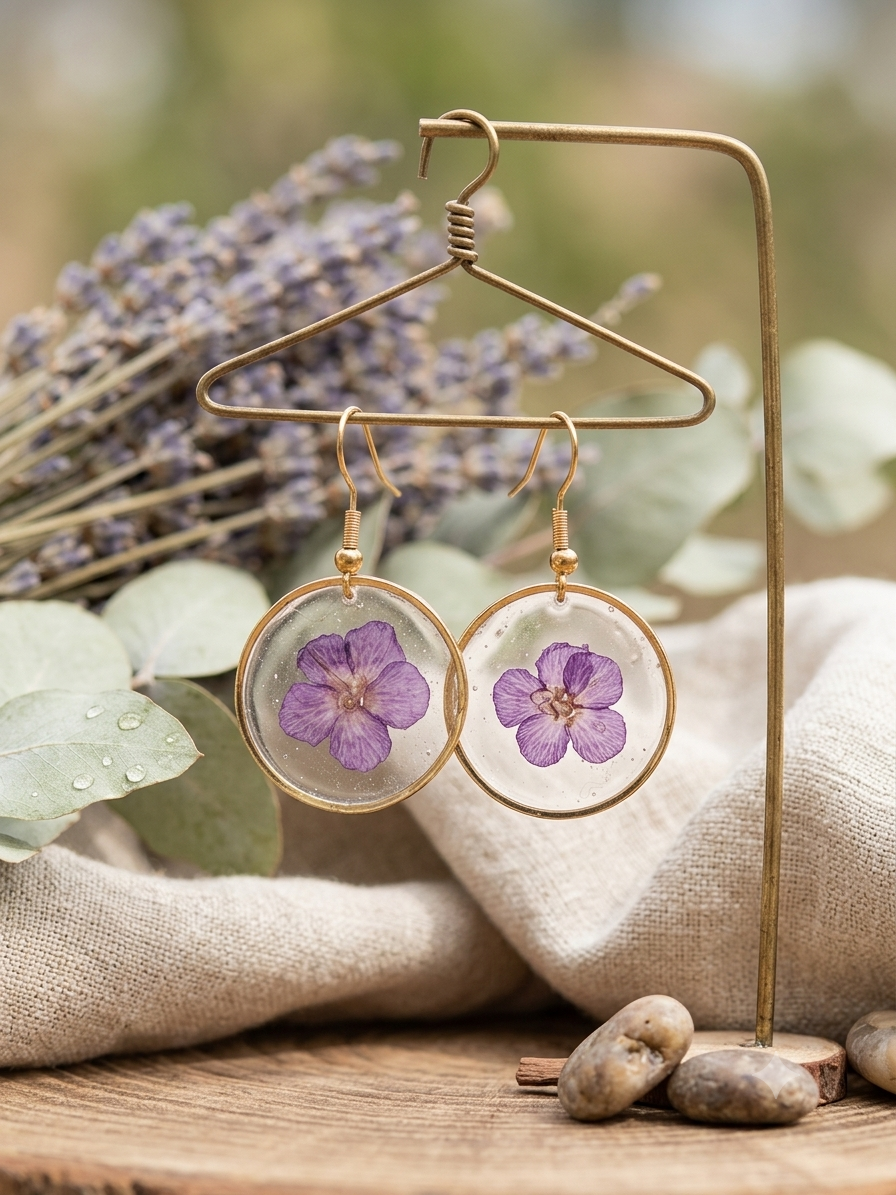 Boucles d'Oreilles Pendantes – Véritable Fleur Violette et Or