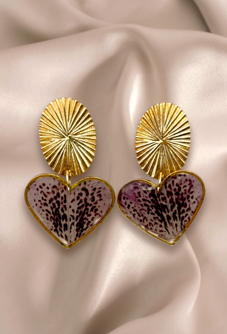 Boucles d'Oreilles Cœur "Rhododendron Léopard" – Laiton Doré à l'Or Fin 24K