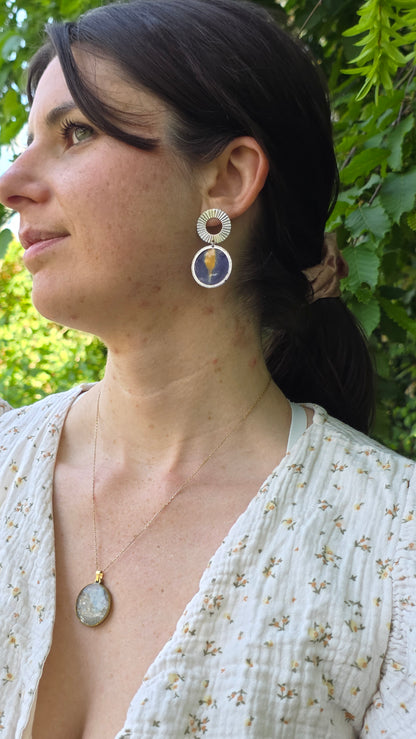 Boucles d’Oreilles "Iris Solaire" – Argentées & Fleur Véritable