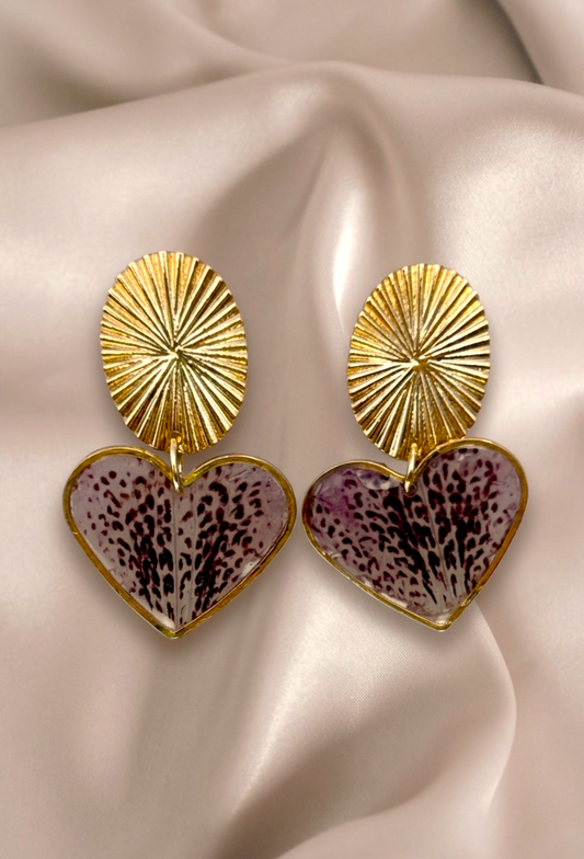 Boucles d'Oreilles Cœur "Rhododendron Léopard" – Laiton Doré à l'Or Fin 24K